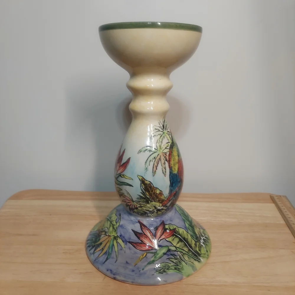 Vintage Hand-painted Large Ceramic Tropical Parrot Candle Holder